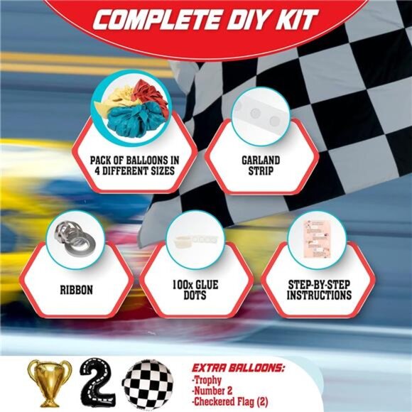 DECOR Vintage Two Fast Race Car Balloon Garland Kit with BONUS Trophy & Number 2 - Picture 2 of 7